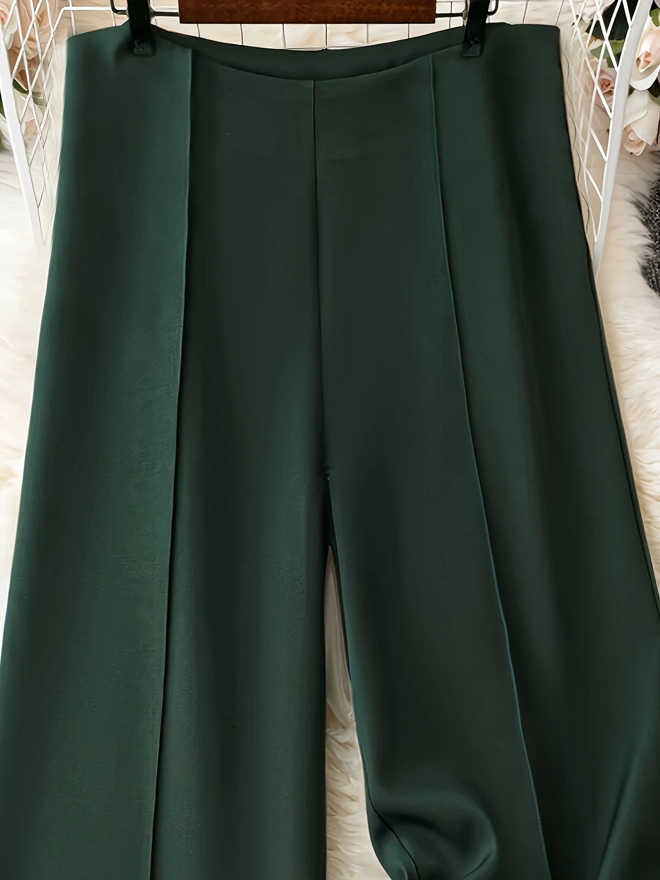 deanwangkt Women's Elegant Pants, Plus Size Solid Seam Front High Rise Straight Leg Trousers - Deanwangkt