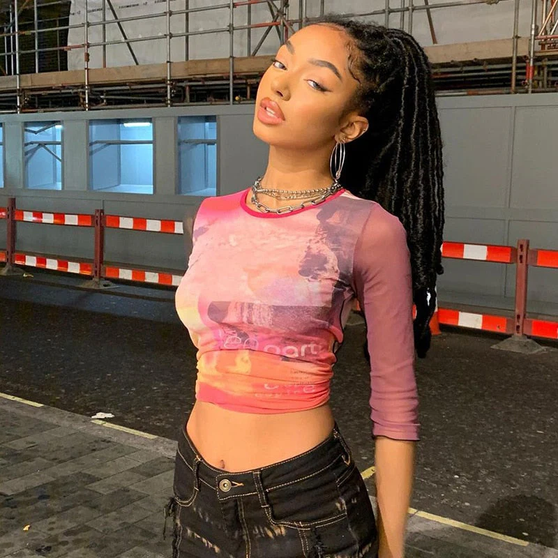 Wenkouban  Print Mesh Crop Top Summer Woman Half Sleeve Tie Dye Pink Tshirts Streetwear Sexy Round Neck Slim See Through Graphic Tees - Deanwangkt