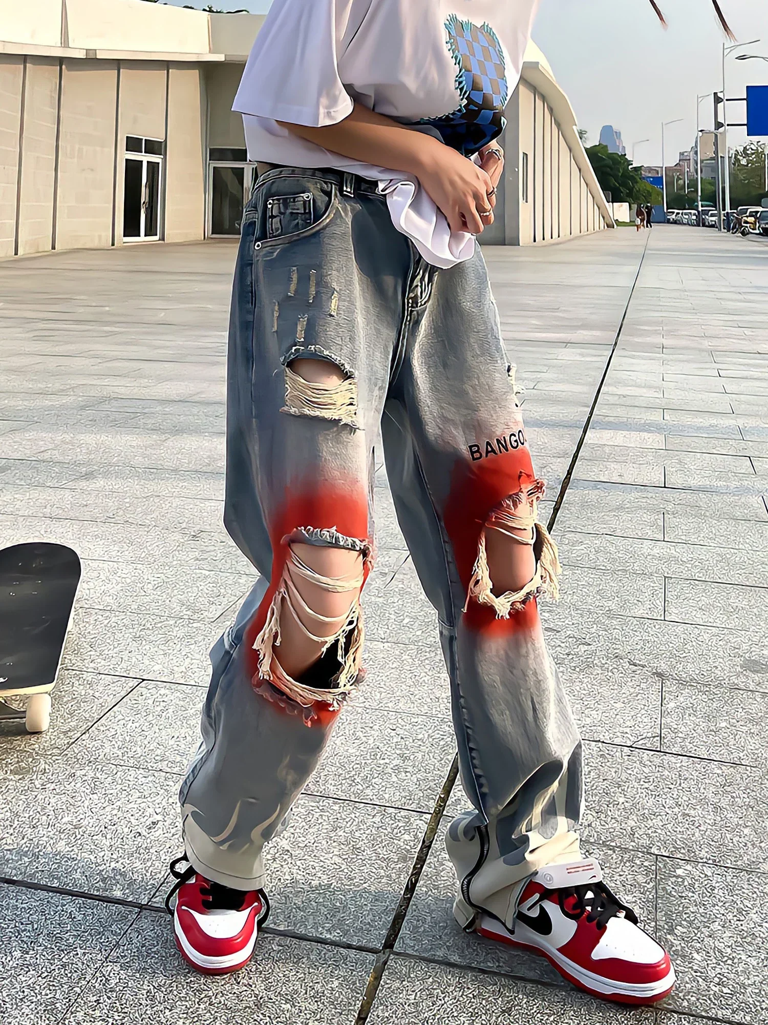 deanwangkt Retro Streetwearflame Print Jeans Y2k Blue Fashion Ripped Wide Leg Pants Hip Hop Gothic Harajuku High Waist Women Trousers - Deanwangkt