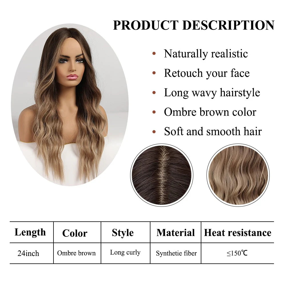 deanwangkt  Long Body Wave Wigs Ombre Black Brown Blonde Synthetic Wig Cosplay Middle Part Natural Heat Resistant Wig For Women - Deanwangkt