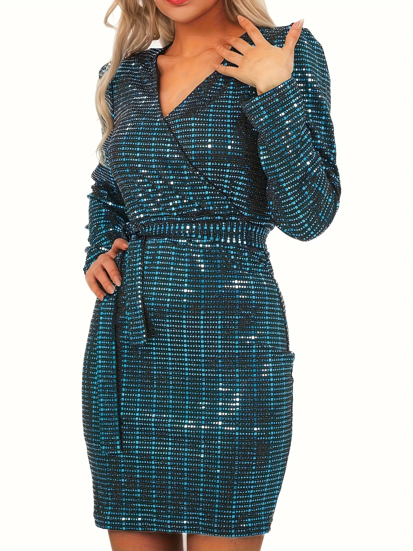 Surplice Neck Solid Bodycon Dress, Elegant Long Sleeve Above Knee Dress, Women's Clothing - Deanwangkt