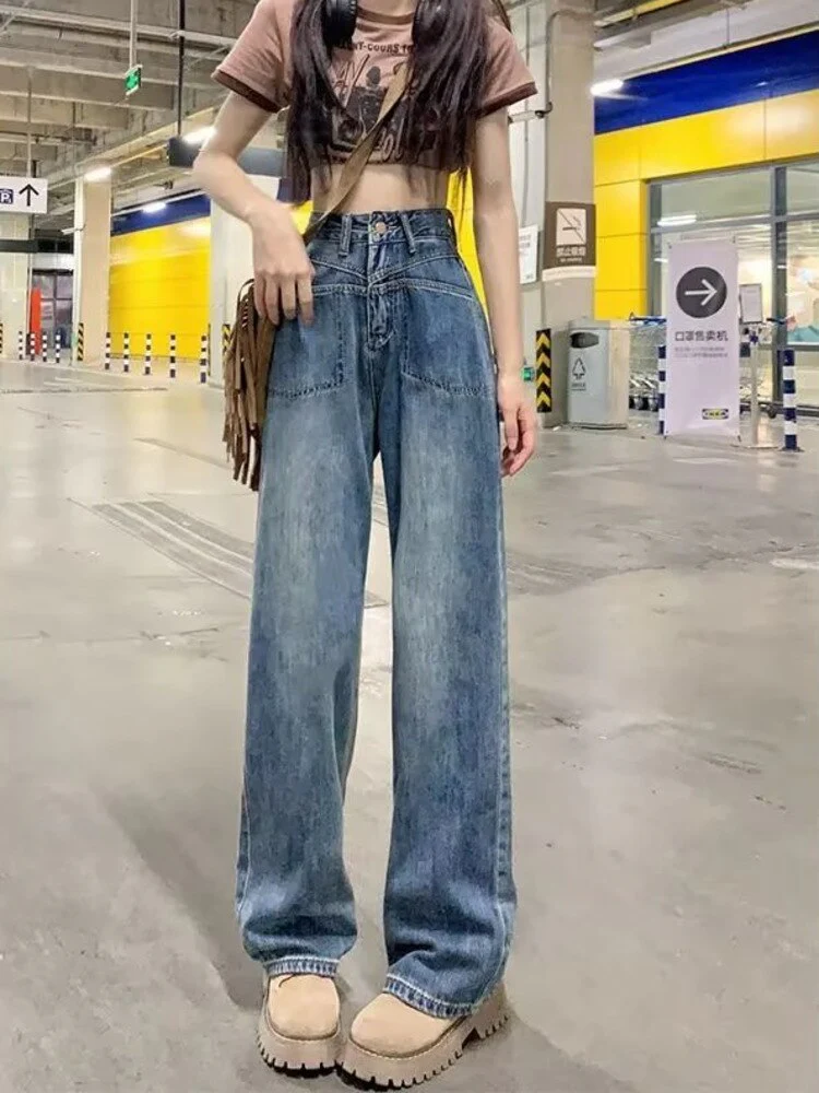 deanwangkt Retro Blue Distressed Korean Version High-waisted High-straight Design Loose Jeans - Deanwangkt
