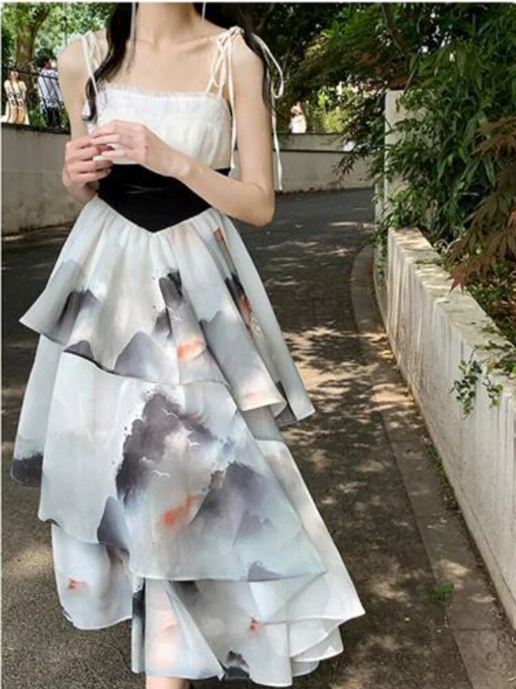 Joskka Vintage Elegant Strap Dress Women Print Korean Style Designer Party Midi Dress High Waist Casual France Fairy Dress Female - Deanwangkt