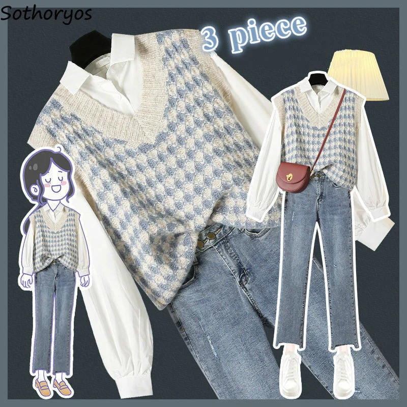 deanwangkt Women Sets 3 Pieces Outfits Elegant Fashion Office Ladies Simple All-Match Shirt Retro Knitted Vest Straight Jeans Schoolgirls - Deanwangkt