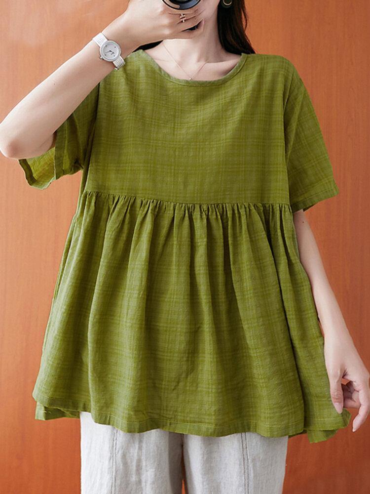 deanwangkt Plaid Pleating Loose Casual Summer Blouse For Women - Deanwangkt