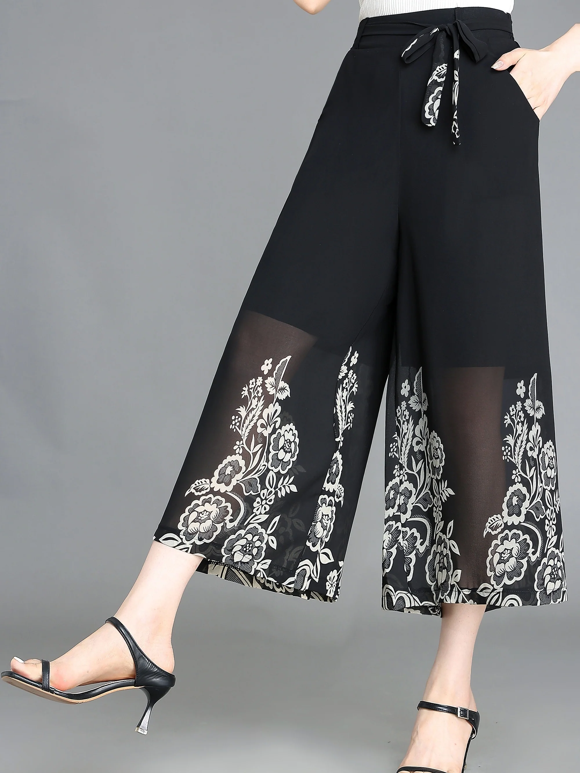 Floral Pattern Chiffon Cropped Wide Leg Pants, Casual Belted Pants For Spring & Fall, Women's Clothing - Deanwangkt