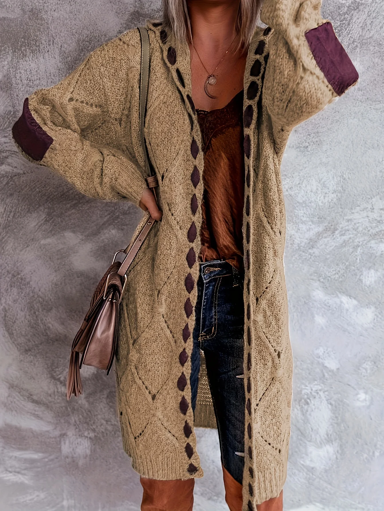 Color Block Open Front Hooded Cardigan, Vintage Long Sleeve Knitted Sweater For Fall & Winter, Women's Clothing - Deanwangkt