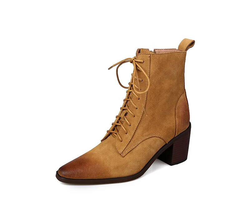 deanwangkt Autumn Boots     NEW Fall Shoes Women Pointed Toe Chunky Heel Shoes for Women Retro Cow Suede Western Boots Concise Short Boots Women Brown Shoes - Deanwangkt