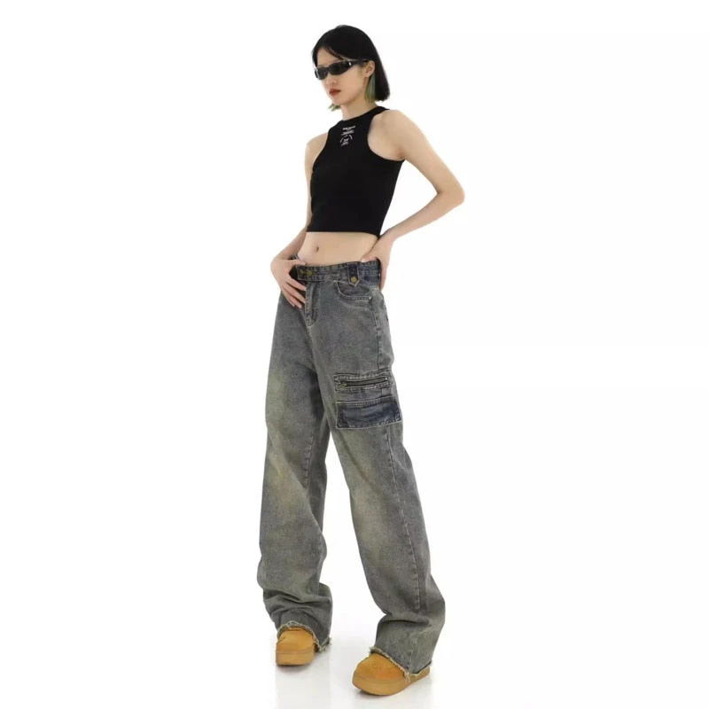 deanwangkt Hong Kong Style Retro High Waisted Workwear Jeans, Women's Summer New Unique Design, Straight Pocket, Floor Long Pants - Deanwangkt