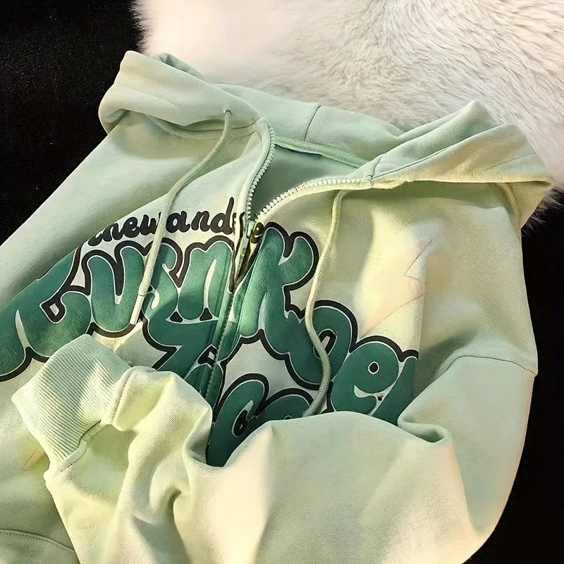 Letter Print Zip Up Drawstring Hoodie, Casual Long Sleeve Loose Fashion Sweatshirt With Pocket, Women's Clothing - Deanwangkt