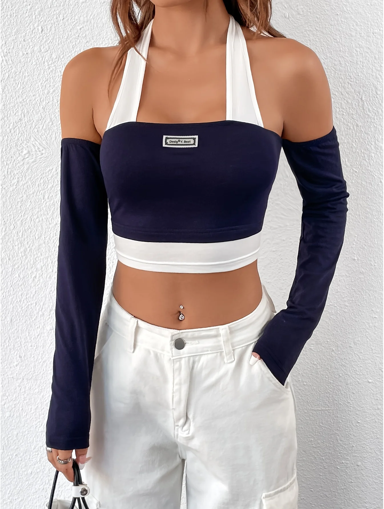 deanwangkt  Color Block Halter Neck T-Shirt, Casual Backless Long Sleeve Crop Top, Women's Clothing - Deanwangkt