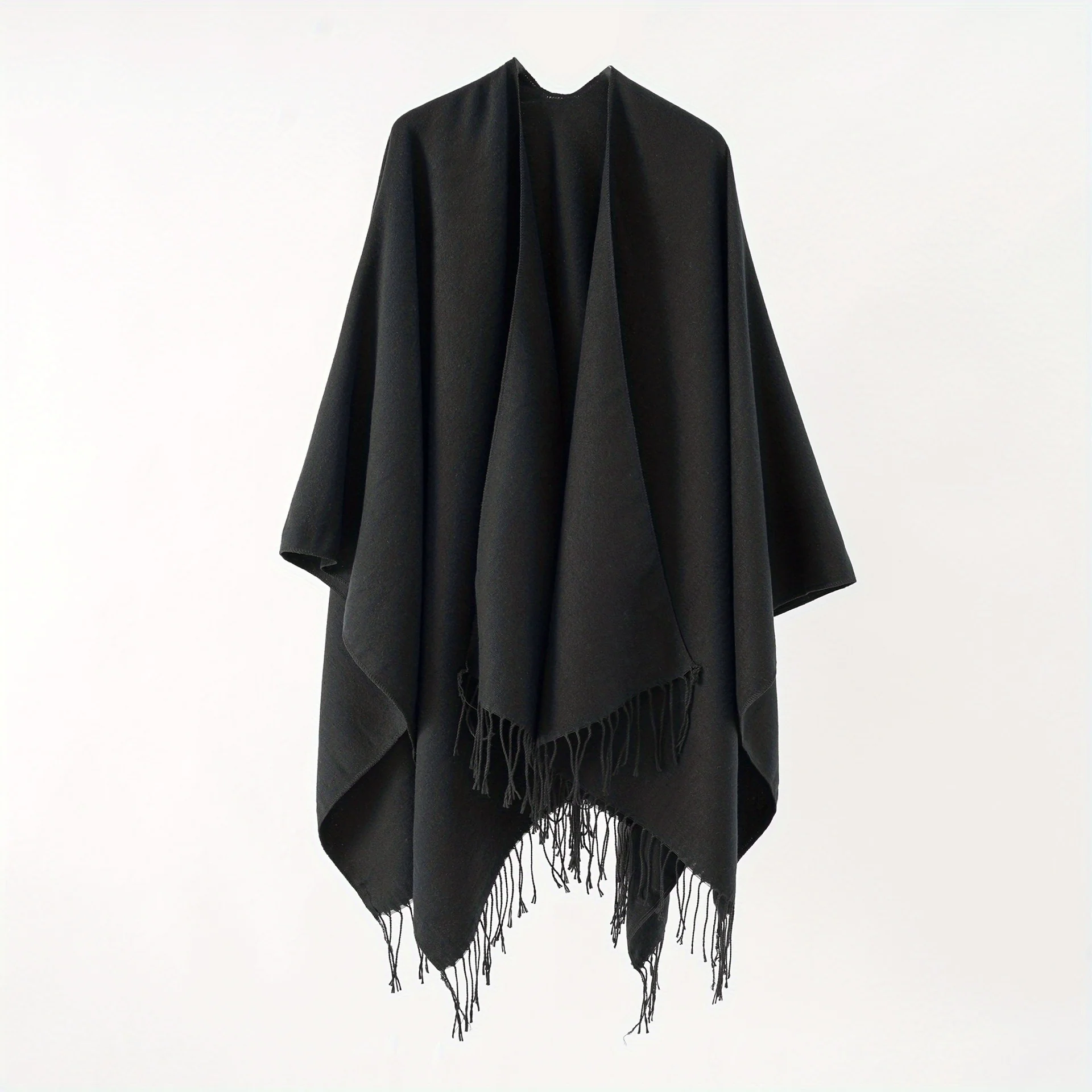 Women's Windproof Thicken Shawls With Tassel, Solid Color Fall Winter Keep Warm Cape For Outdoor Activities - Deanwangkt