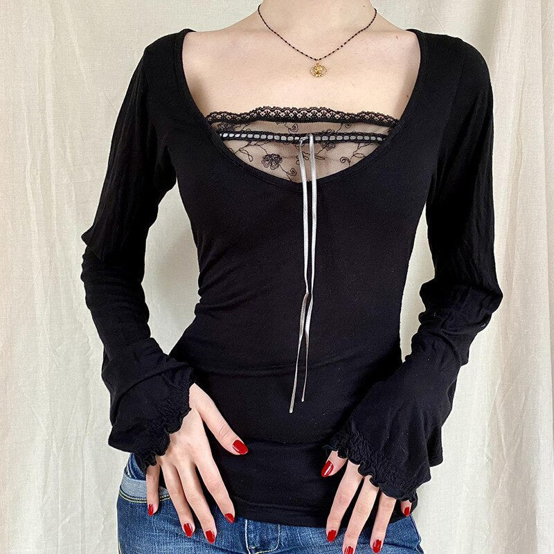 Long Sleeve T-Shirt Black Top Women Patchwork Lace Crop Top Winter Spring Women Pulovers Sexy Skinny V Neck Tees 90s Y2K Clothes - Deanwangkt