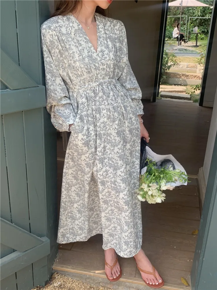 Joskka New  Chiffon Floral Printed High Waist Lace Up Korean Fashionable Elegant Vintage Women Spring Summer Long Dresses - Deanwangkt