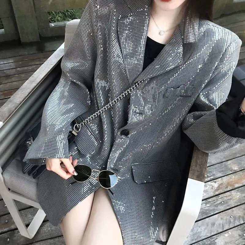 deanwangkt Lucyever Korean Fashion Shiny Sequin Blazer Women Luxury Bling Bling Long Sleeve Jacket Woman Streetwear Temperament Loose Coat - Deanwangkt
