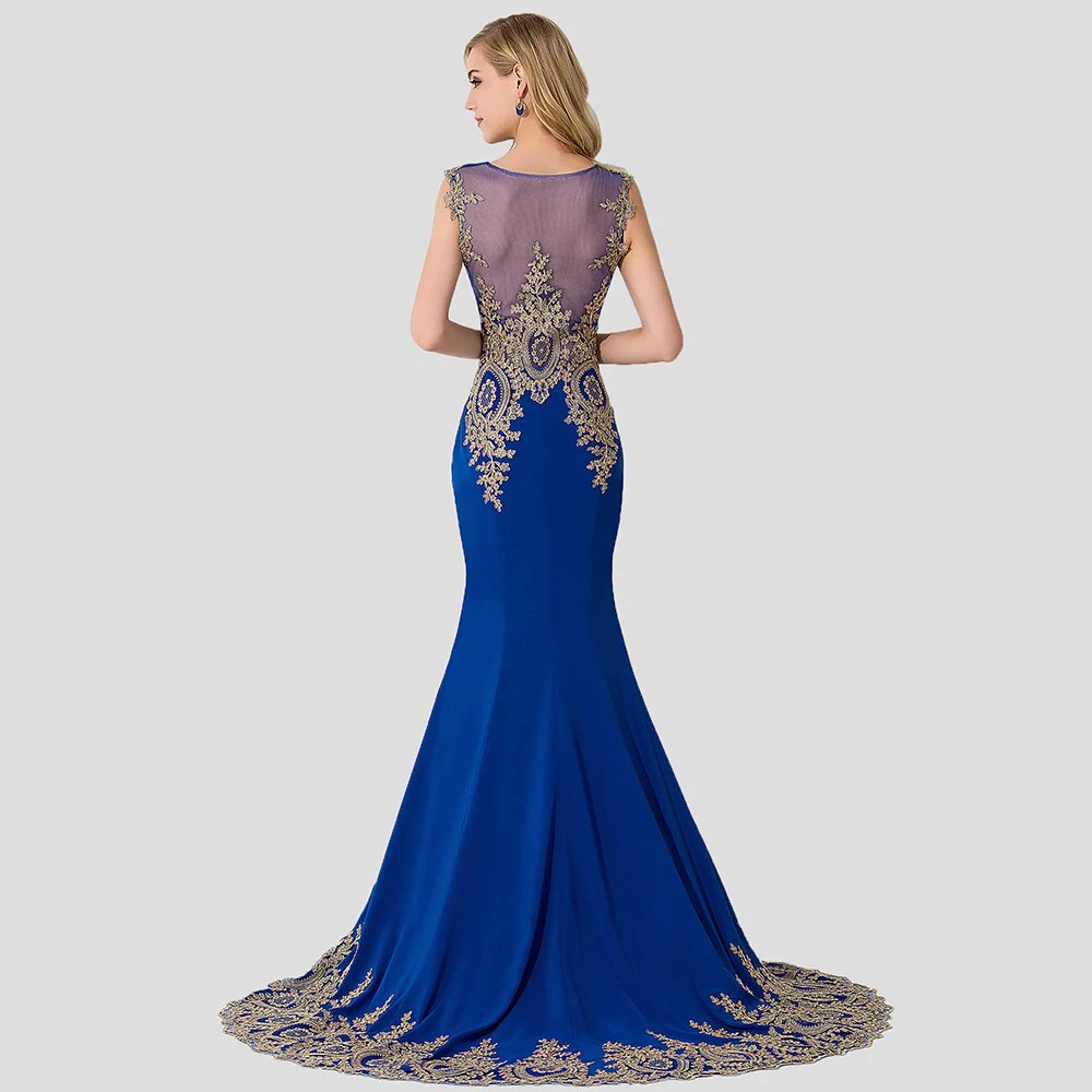 DEANWANGKT Plus Size Blue Prom Dresses Long Women Mermaid Train Party Gown Birthday Gift Lady Luxury Gold Lace Appliques See through Back - Deanwangkt