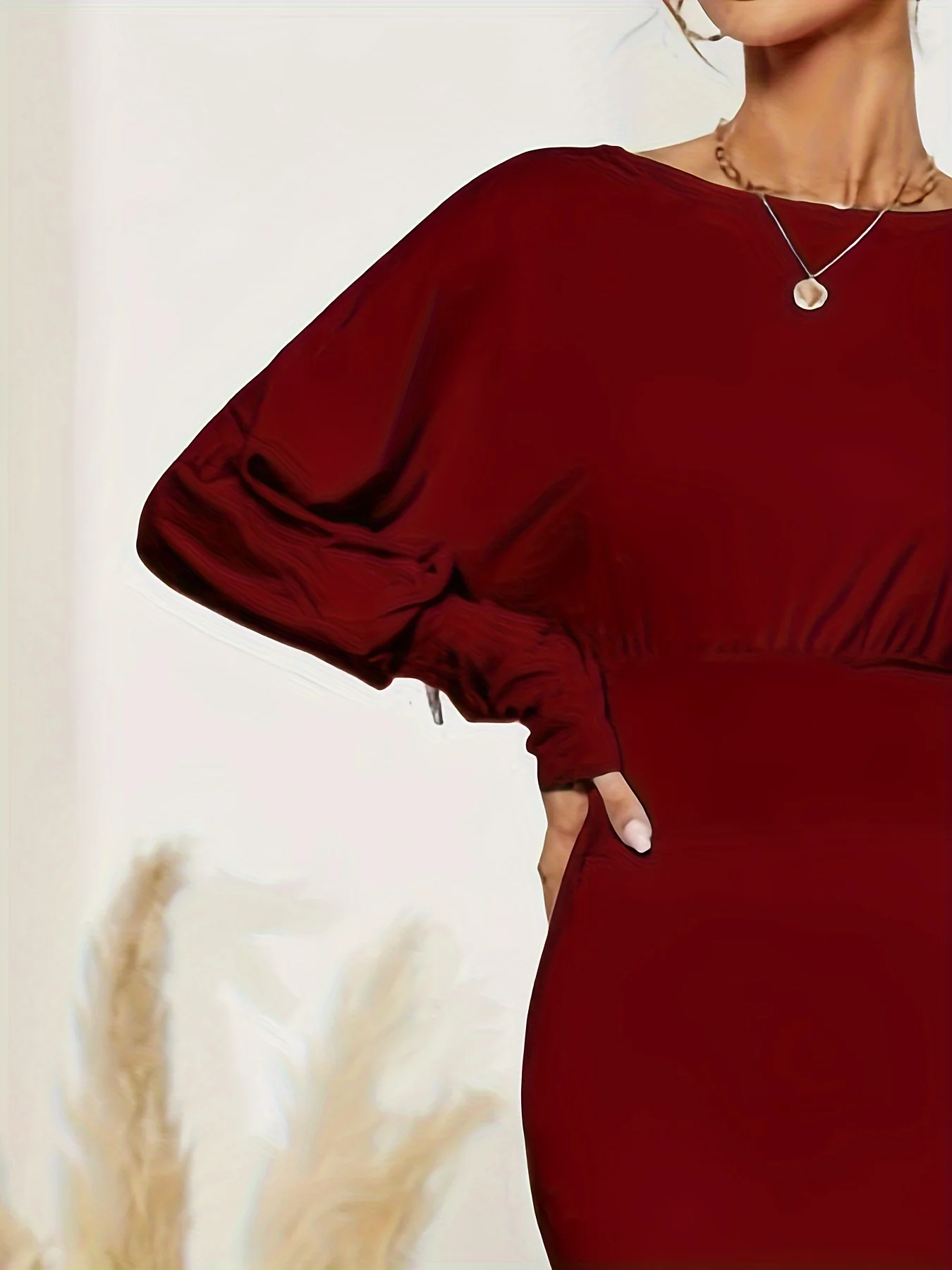Solid Batwing Sleeve Slim Dress, Elegant Boat Neck Cinched Waist Dress, Women's Clothing - Deanwangkt