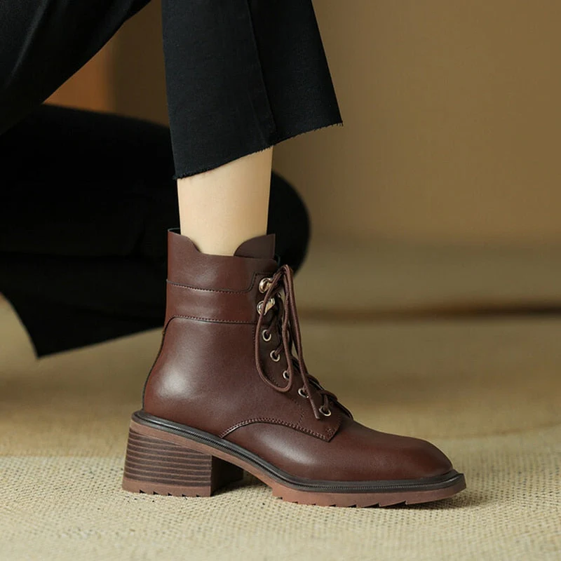 deanwangkt  fashion inspo    NEW Autumn Boots Women Split Leather Shoes for Women Square Toe Chunky Heel Shoes Casual Lace-up Short Boots Retro Ankle Boots - Deanwangkt