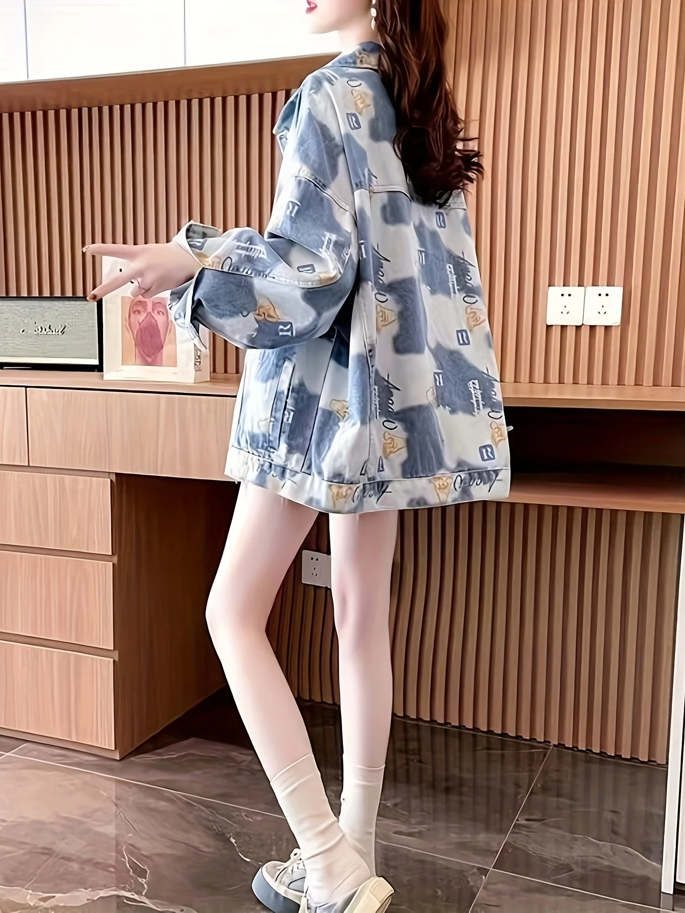 Letter Print Acid Washed Boyfriend Style Denim Coat, Flap Chest Pocket Long Sleeve Oversize Denim Jacket, Women's Denim Jeans & Clothing - Deanwangkt