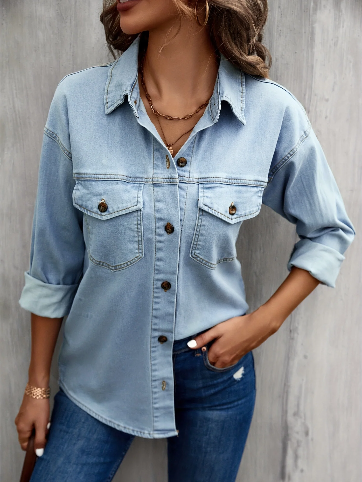 Blue Long Sleeves Denim Jackets, Flap Pockets Single-Breasted Button Lapel Denim Coats, Women's Denim Clothing - Deanwangkt