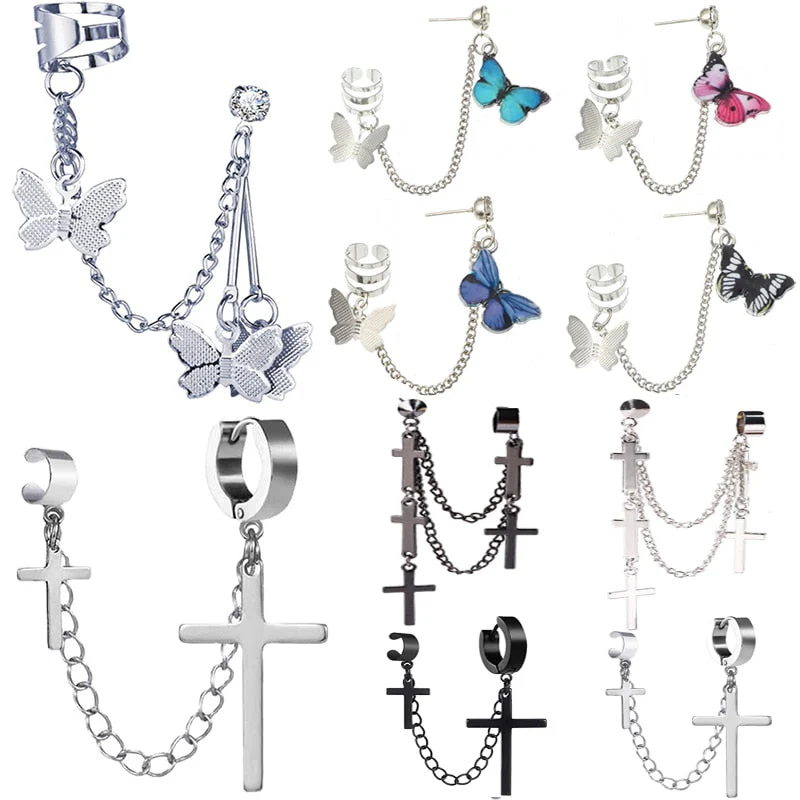 deanwangkt  Women Girls Punk One-piece Earrings Butterfly Cross Pendant Tassel Clip Earrings Ear Studs Alloy Dangle Earring Jewelry Gift - Deanwangkt
