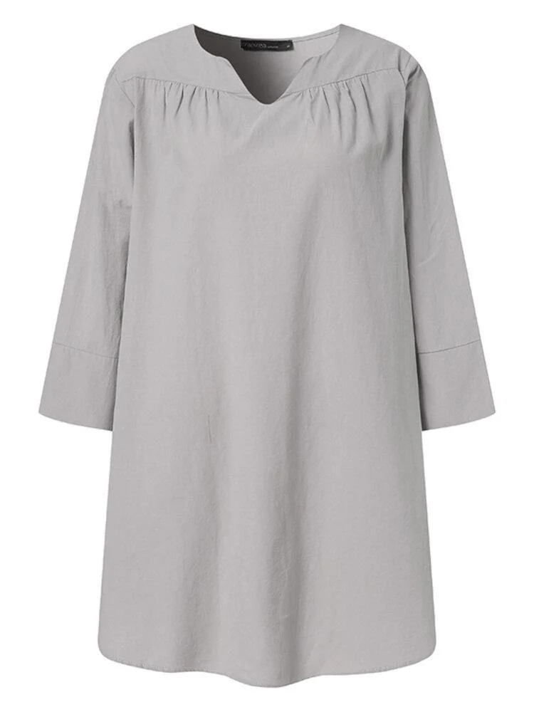 deanwangkt Casual Plain V-neck 3/4 Sleeve Women Solid Cotton Blouse - Deanwangkt