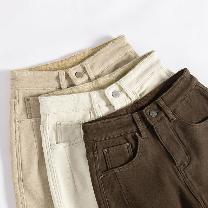 Winter fleece thick jeans women high-waist stretch slim straight Casual cargo Haren pants autumn women's fleece warm denim pants - Deanwangkt