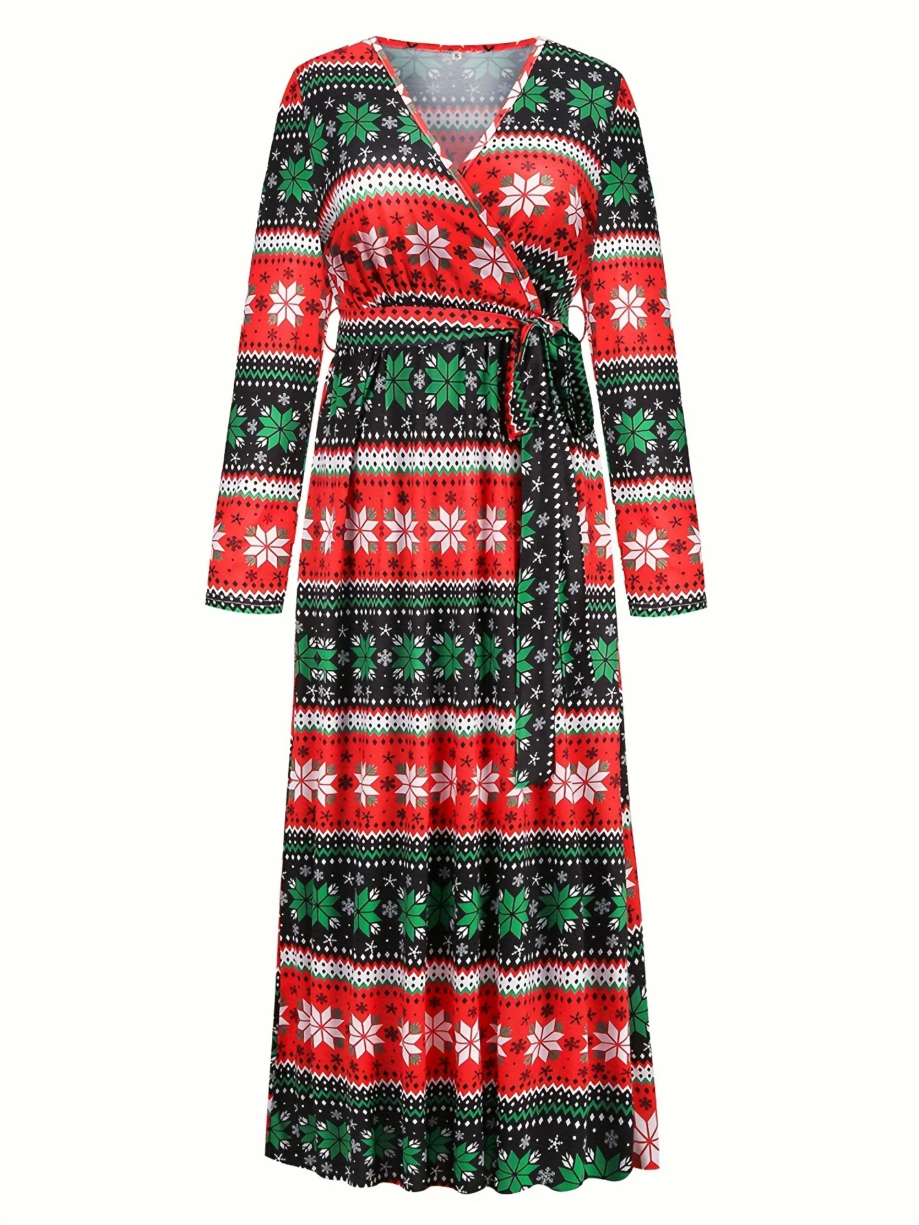 Christmas Snowflake Print Dress, Elegant V Neck Long Sleeve Party Dress, Women's Clothing - Deanwangkt