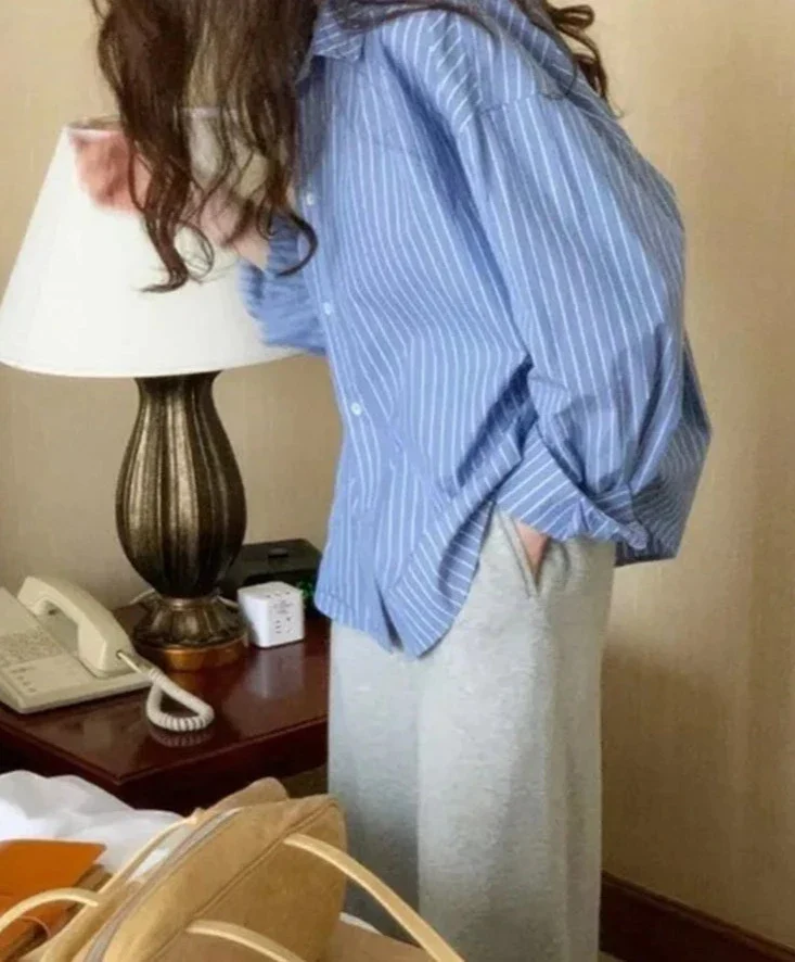 deanwangkt Pink Striped Shirts for Women Spring Summer Korean Loose Turn Down Collar Long Sleeve Tops Casual Harajuku Blouses - Deanwangkt