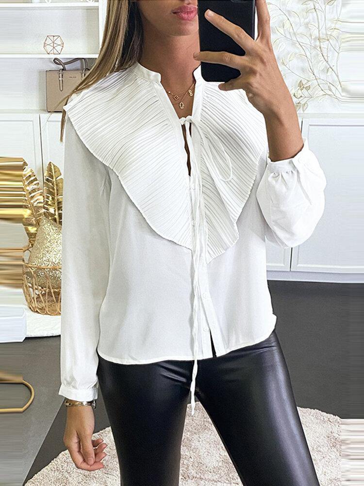 deanwangkt Original Ruffle Solid V-neck Pleated Leisure  Casual Shirt for Women - Deanwangkt