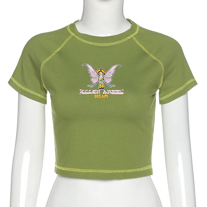 Graphic T Shirts Y2K Top Women Fairy Grunge Short Sleeve T-Shirts Slim Anime Crop Top Streetwear O Neck Tees 90s E-Girl Clothes - Deanwangkt