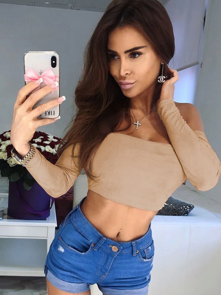 Long Sleeve Top Corset Top Women Off Shoulder T-Shirt New Year White Crop Top Fall Winter Sexy Solid Tees Streetwear Y2K Clothes - Deanwangkt