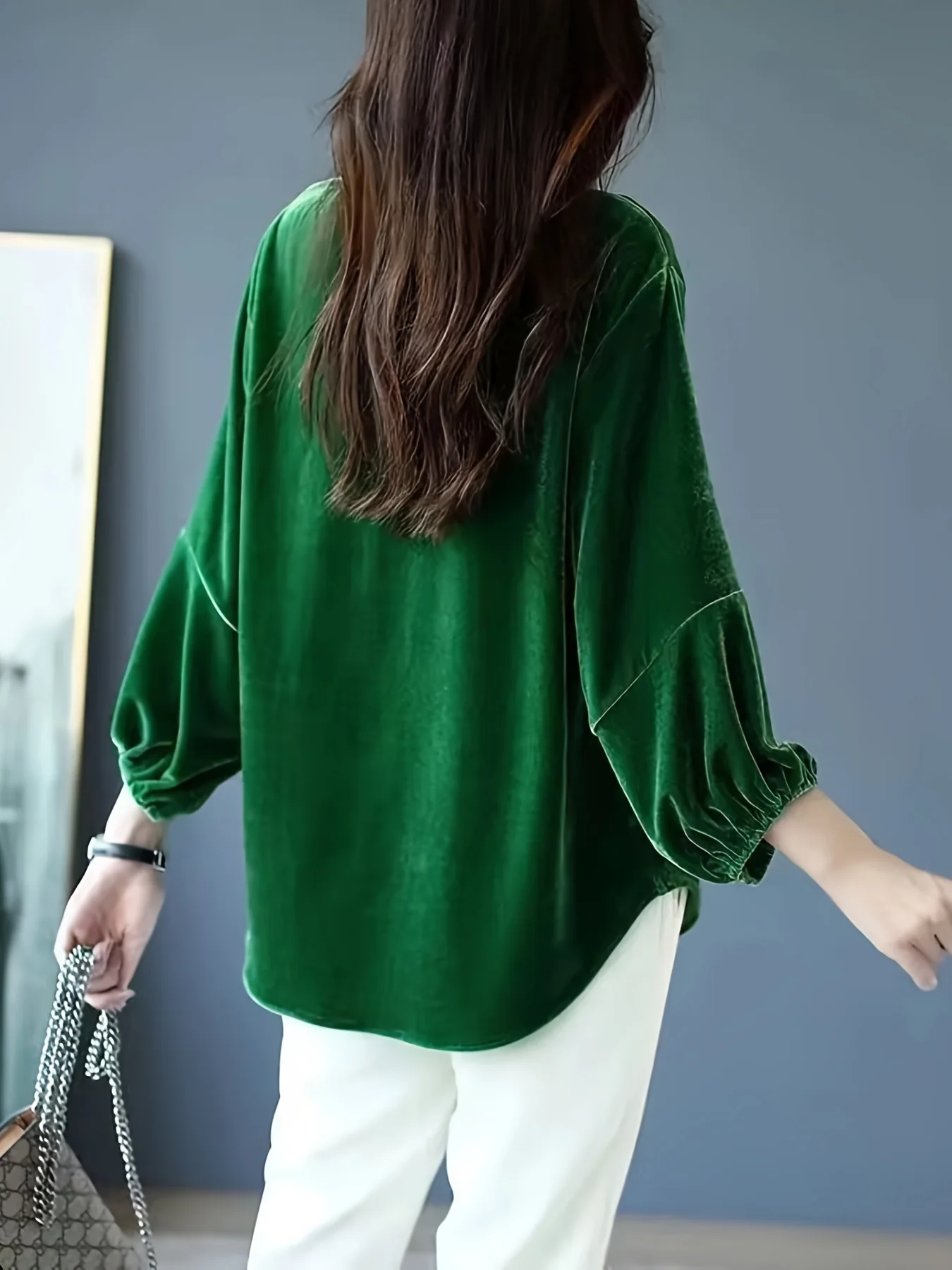 Lantern Sleeve Solid Blouse, Casual Crew Neck Versatile Blouse, Women's Clothing - Deanwangkt