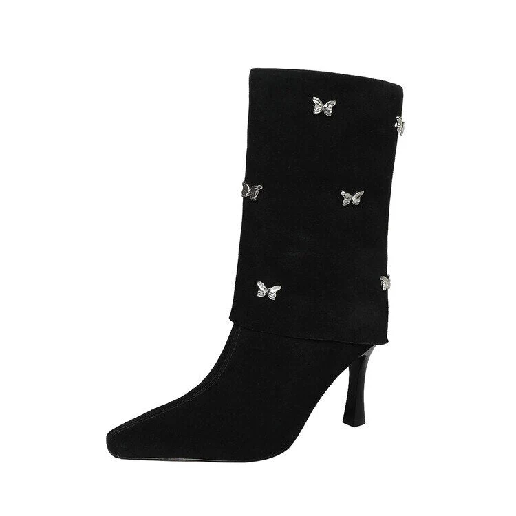 deanwangkt Autumn Shoes     Autumn Boots Women Cow Suede Leather Shoes for Women Square Toe Trouser Boots Bow-knot Thin Heel Shoes Black Western Boots - Deanwangkt