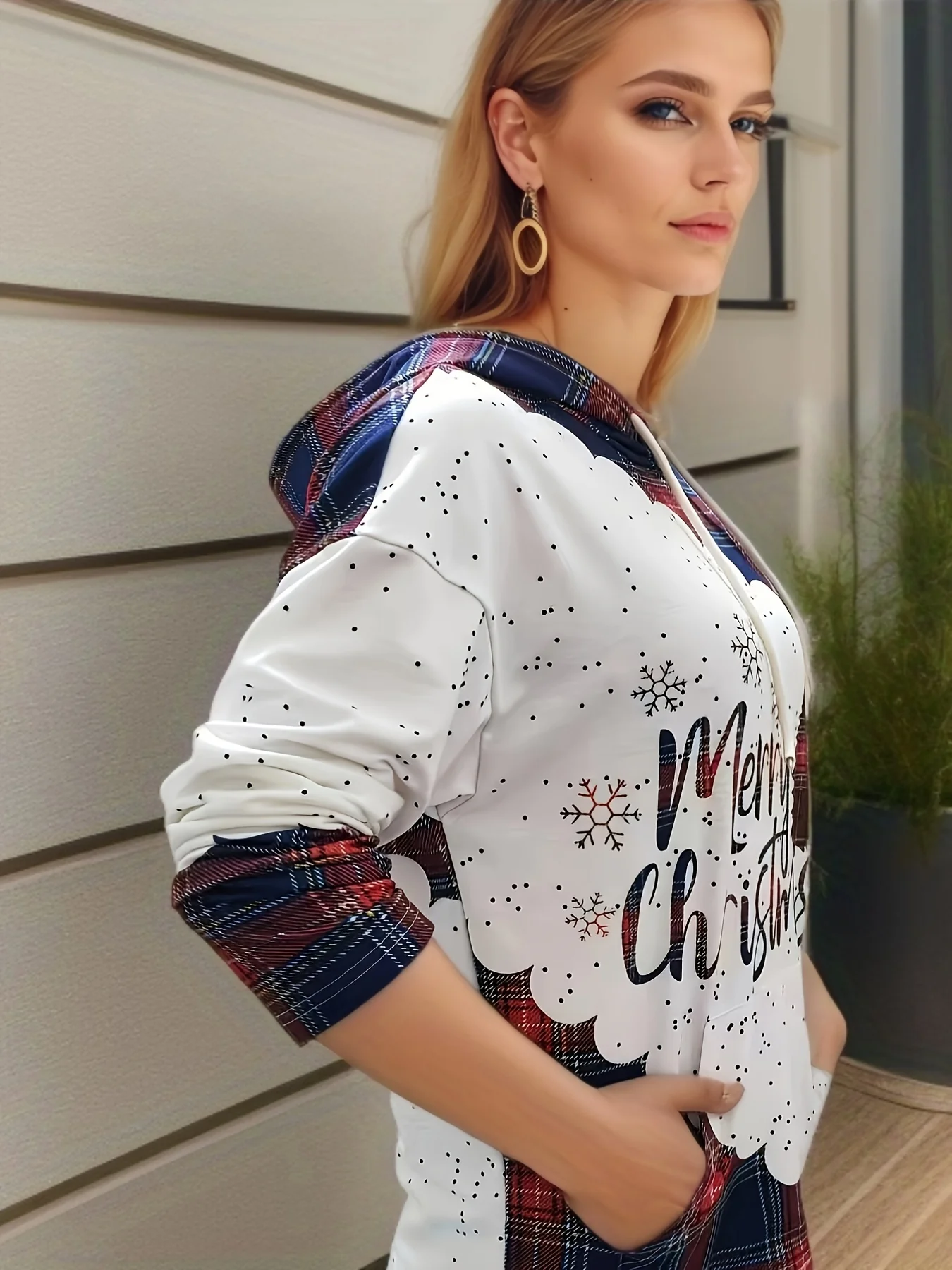 Christmas Tree & Letter Print Drawstring Hoodie, Casual Long Sleeve Kangaroo Pocket Hoodie Sweatshirt, Women's Clothing - Deanwangkt