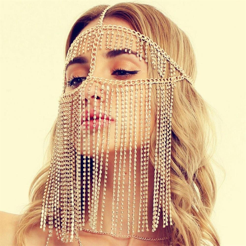deanwangkt  Indian Jewelry Full Rhinestone Tassel Mask Chain Decoration Face For Women Bridal Veils Wedding Crystal Beaded Christmas Party - Deanwangkt