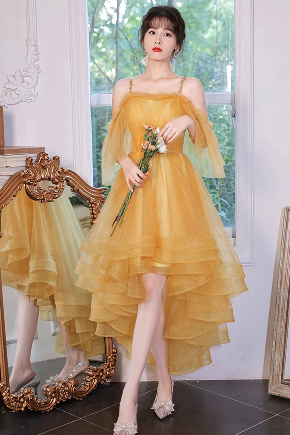 solvbao Yellow Tulle High Low Prom Dresses, A-Line Evening Dresses - Deanwangkt