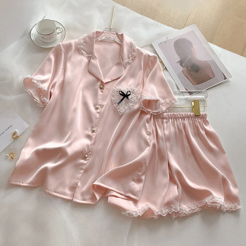 New 2 Piece Women Set Summer Short Sleeve Pajamas for Woman Fashion Silk Sleepwear Pink Lace Pocket Sexy Satin Pajama Homewear - Deanwangkt