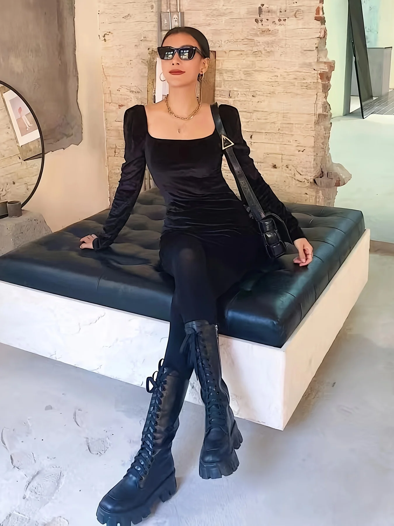 deanwangkt-1  Squared Neck Split Dress, Party Wear Puff Sleeve Bodycon Dress, Women's Clothing - Deanwangkt