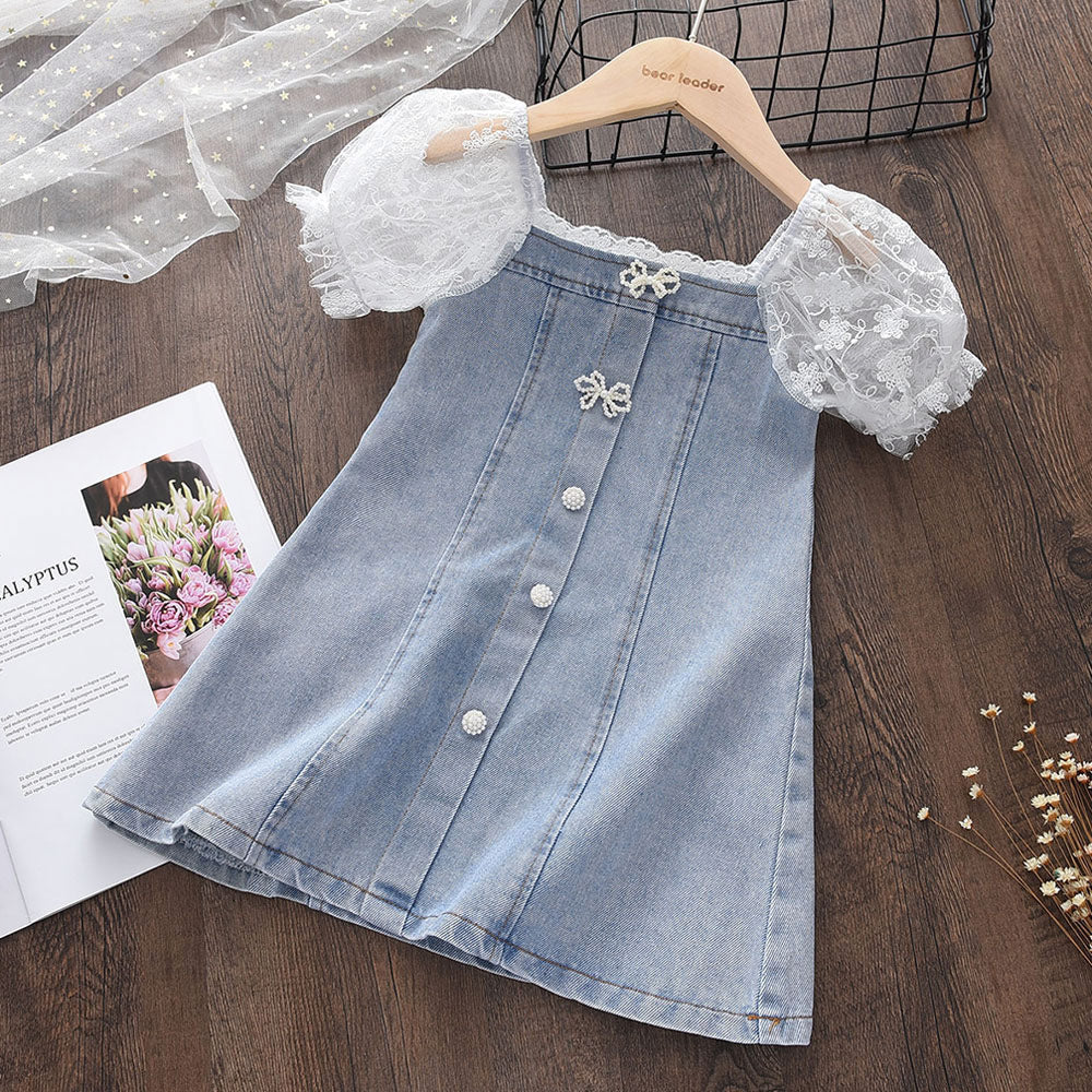 deanwangkt Baby Girl Clothes Menoea  Princess Denim Dresses for Baby Girl Clothing New Summer Toddler Pearl Lace Patchwork Princess Dress for Kids 2-7Y - Deanwangkt