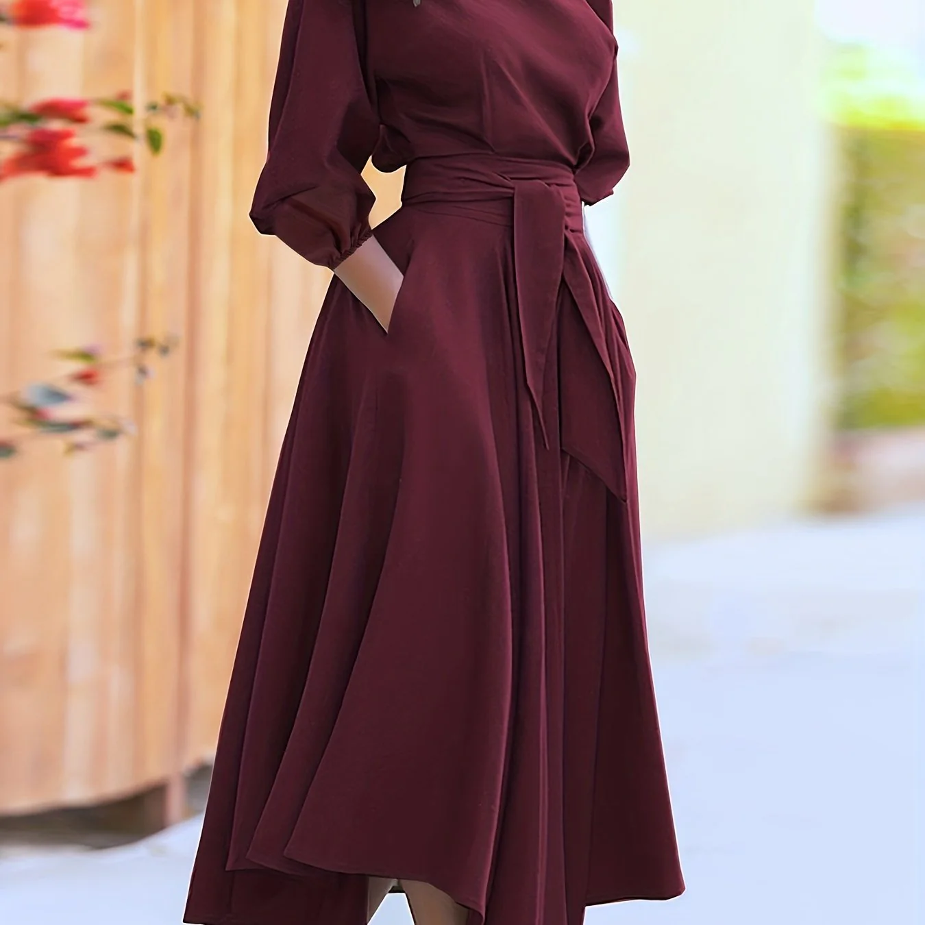 Slant Shoulder Neck Tie Waist Dress, Elegant Dual Pockets Short Sleeve Dress, Women's Clothing - Deanwangkt