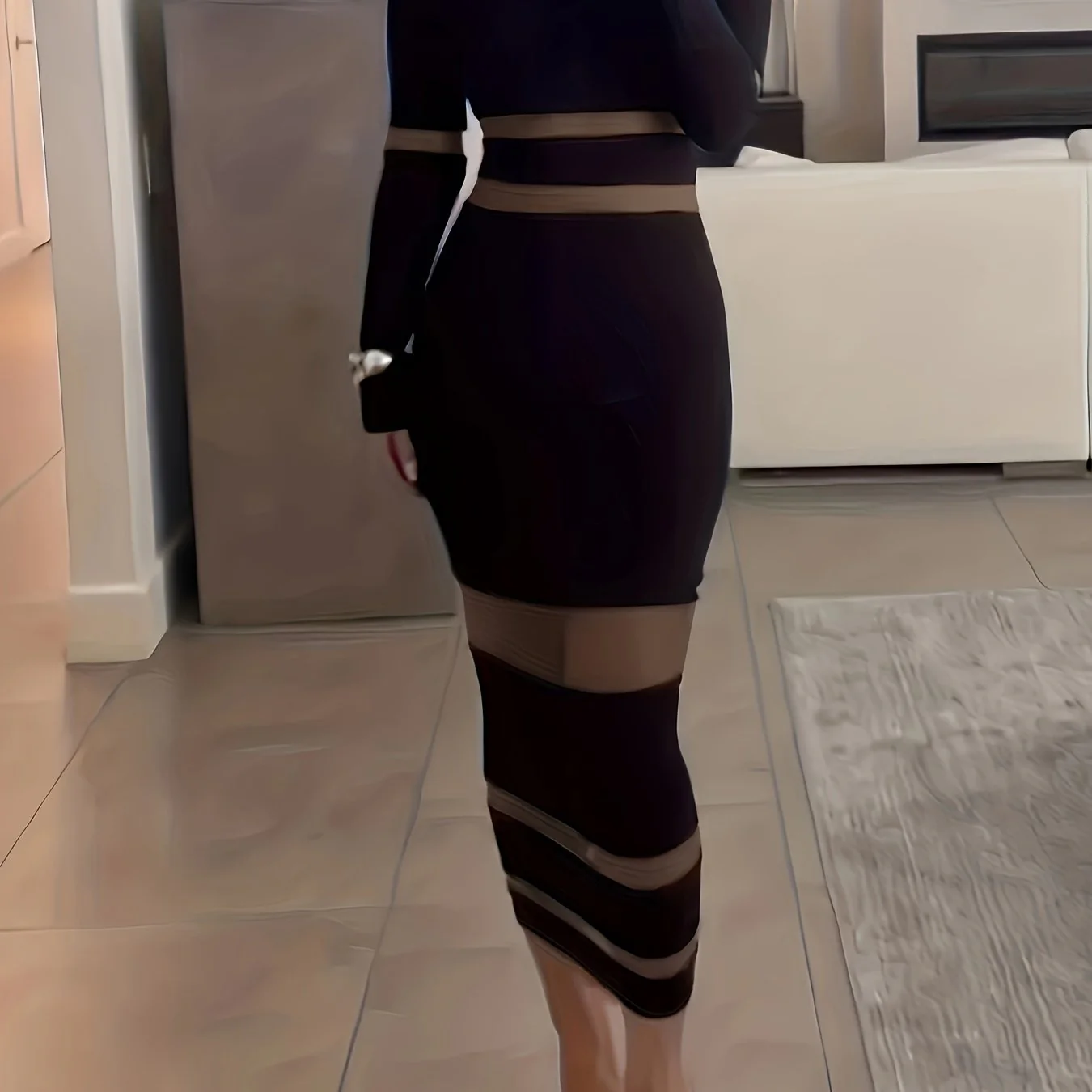 deanwangkt-1  Mesh Panel Long Sleeve Slim Dress, Casual Mock Neck Dress For Spring & Fall, Women's Clothing - Deanwangkt