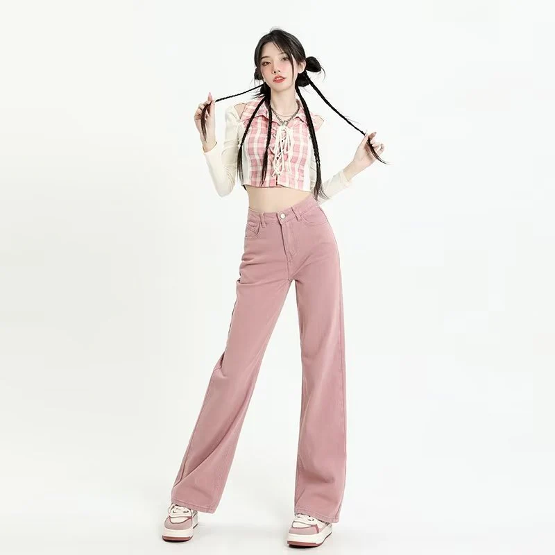 deanwangkt European And American Gentle Style Dirty Pink Ruffled Jeans, Women's Loose And Trendy Straight Tube Versatile Wide Leg Pants - Deanwangkt