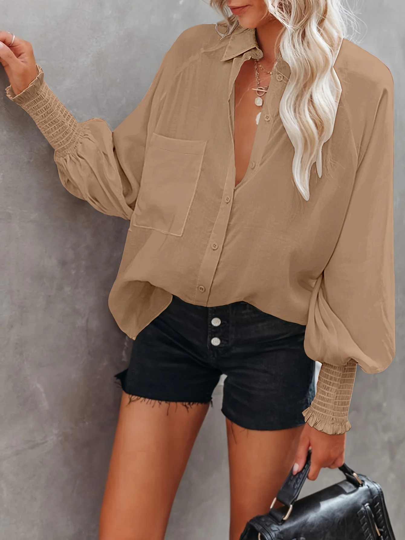 Button Front Pocket Shirred Shirt, Casual Lantern Sleeve Shirt For Spring & Fall, Women's Clothing - Deanwangkt