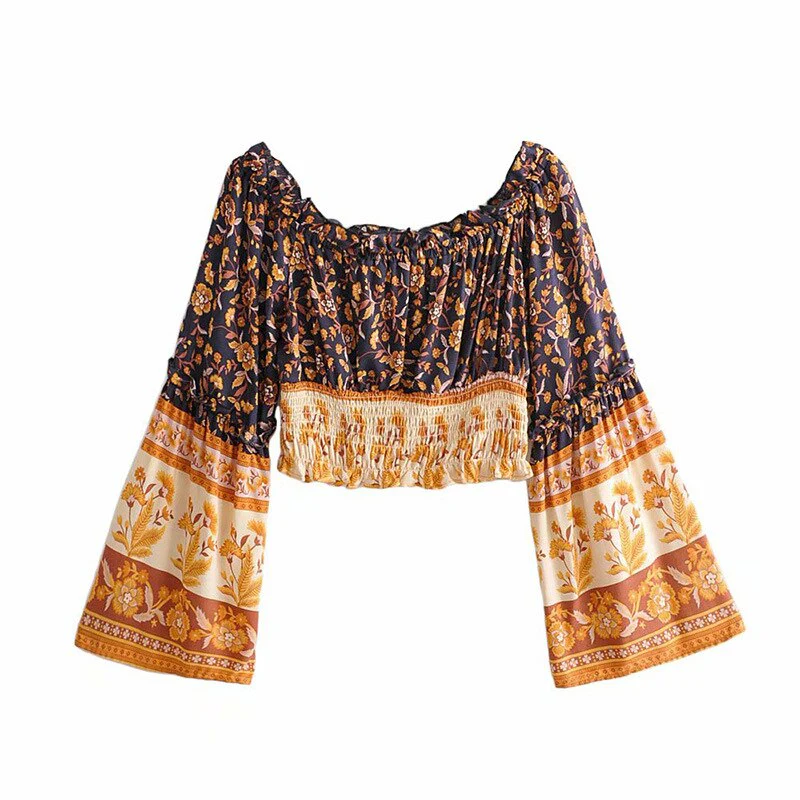 deanwangkt Fashion Boho Vacation Summer Print Women One-Word Collar Flared Sleeve Short Blouses Crop Top + High-Waist Wide-Leg Pants - Deanwangkt