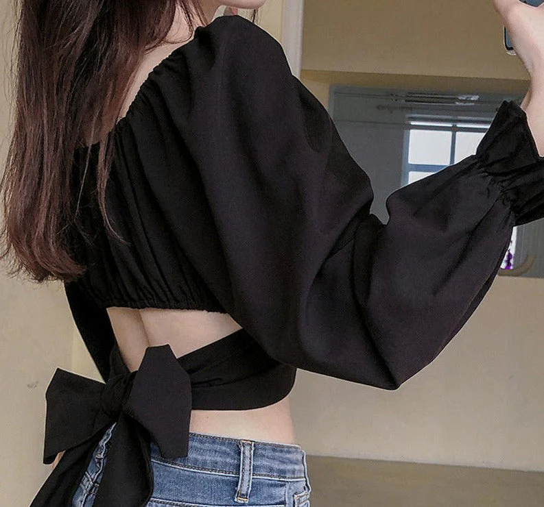 deanwangkt Women Blouses Solid Designer Slim Sexy Crop Top Bandage Square Collar Korean Style Trendy Temperament Females Shirts Summer Chic - Deanwangkt