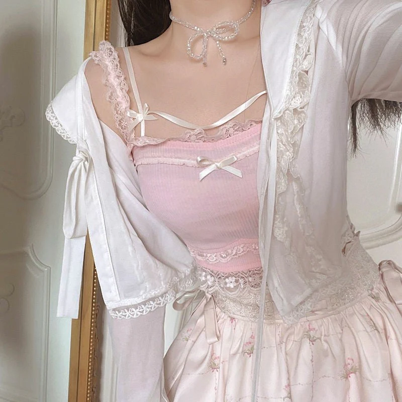 Pink Japanese Kawaii Lolita Crop Top Women White Korean College Style Sweet Tank Top Bow Lace France Princess Vset Female - Deanwangkt