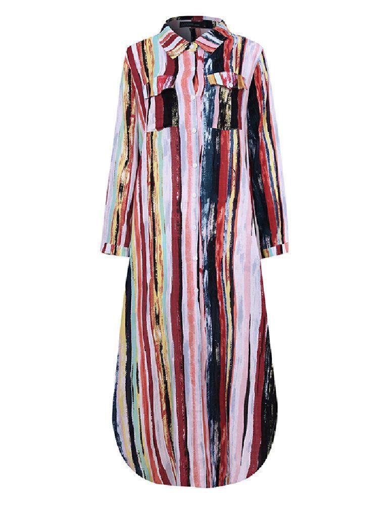 deanwangkt Women Cotton Color Stripe Print Casual Maxi Shirts Dress with Front Pockets - Deanwangkt