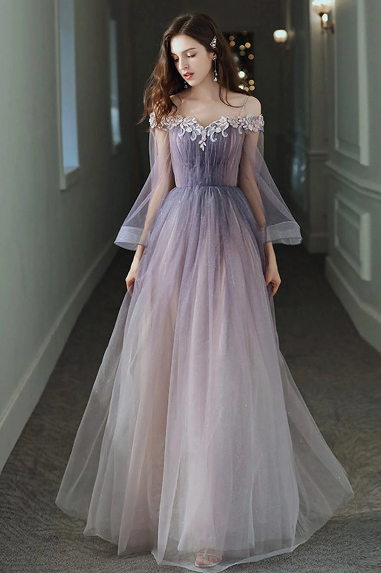 solvbao Purple Tulle Lace Long Prom Dress, Ombre Tulle Evening Dress - Deanwangkt