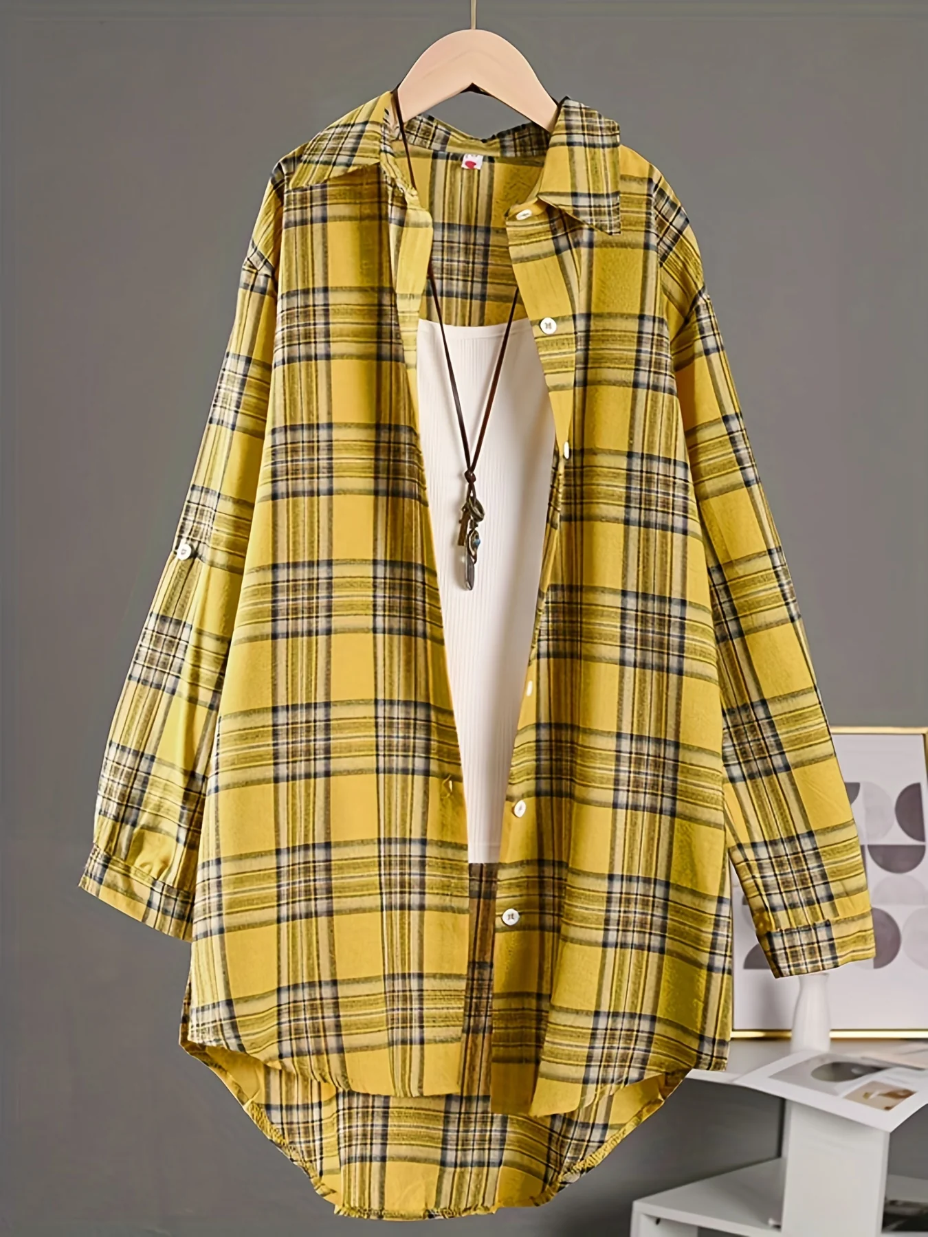 Plaid Print Polo Collar Shirt, Casual Long Sleeve Shirt For Spring & Fall, Women's Clothing - Deanwangkt